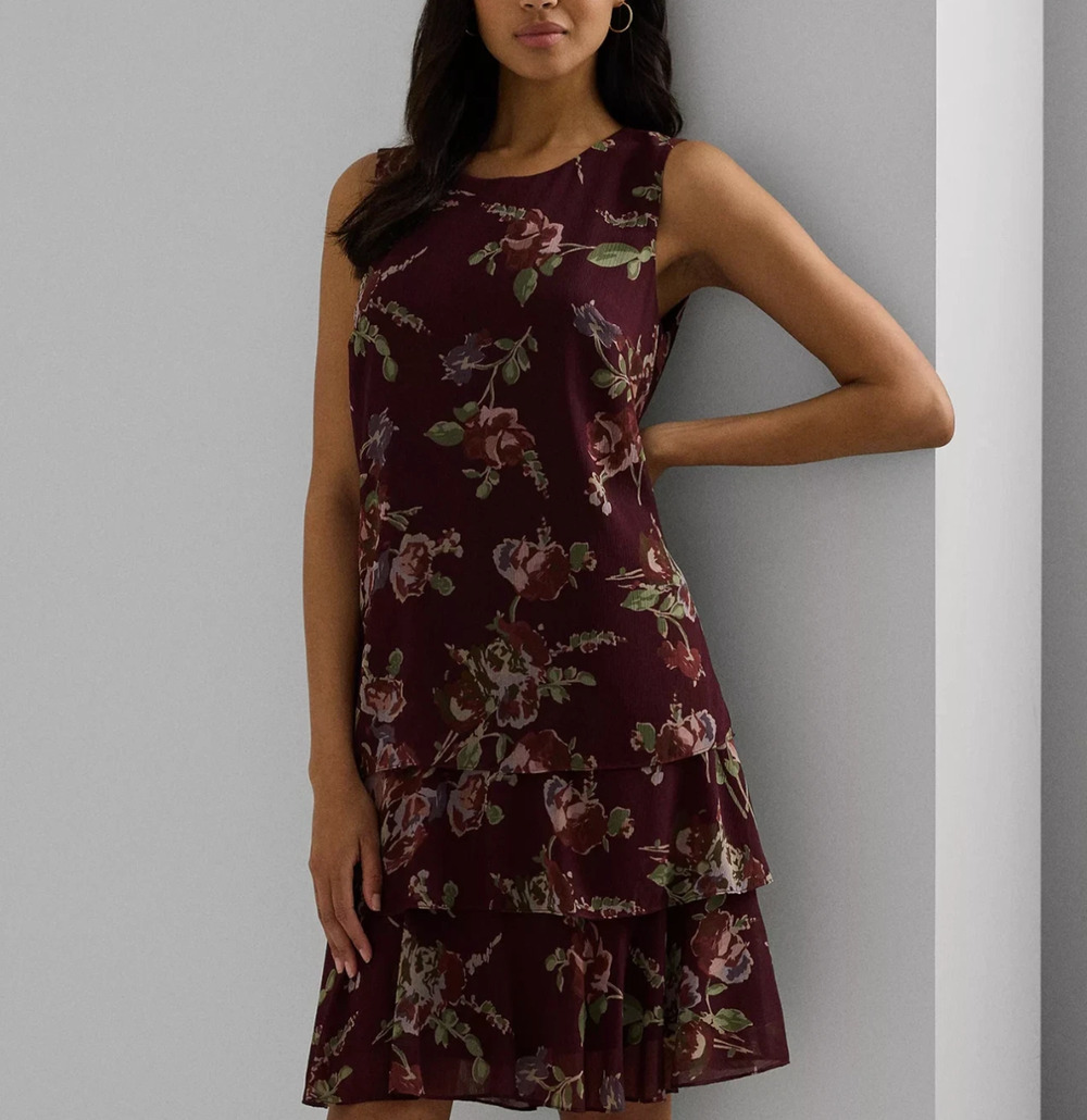 Lauren Ralph Lauren Women Floral Crinkle Georgette Dress Burgundy Multi Size 12